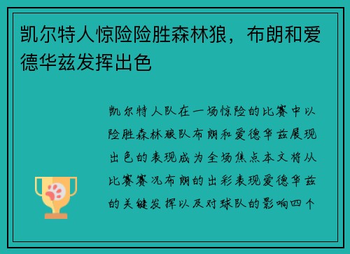 凯尔特人惊险险胜森林狼，布朗和爱德华兹发挥出色